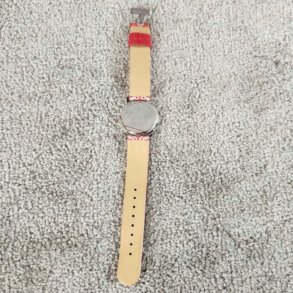 Vera Bradley Watch Red White Patterned Strap Silver Tone Bezel Womens